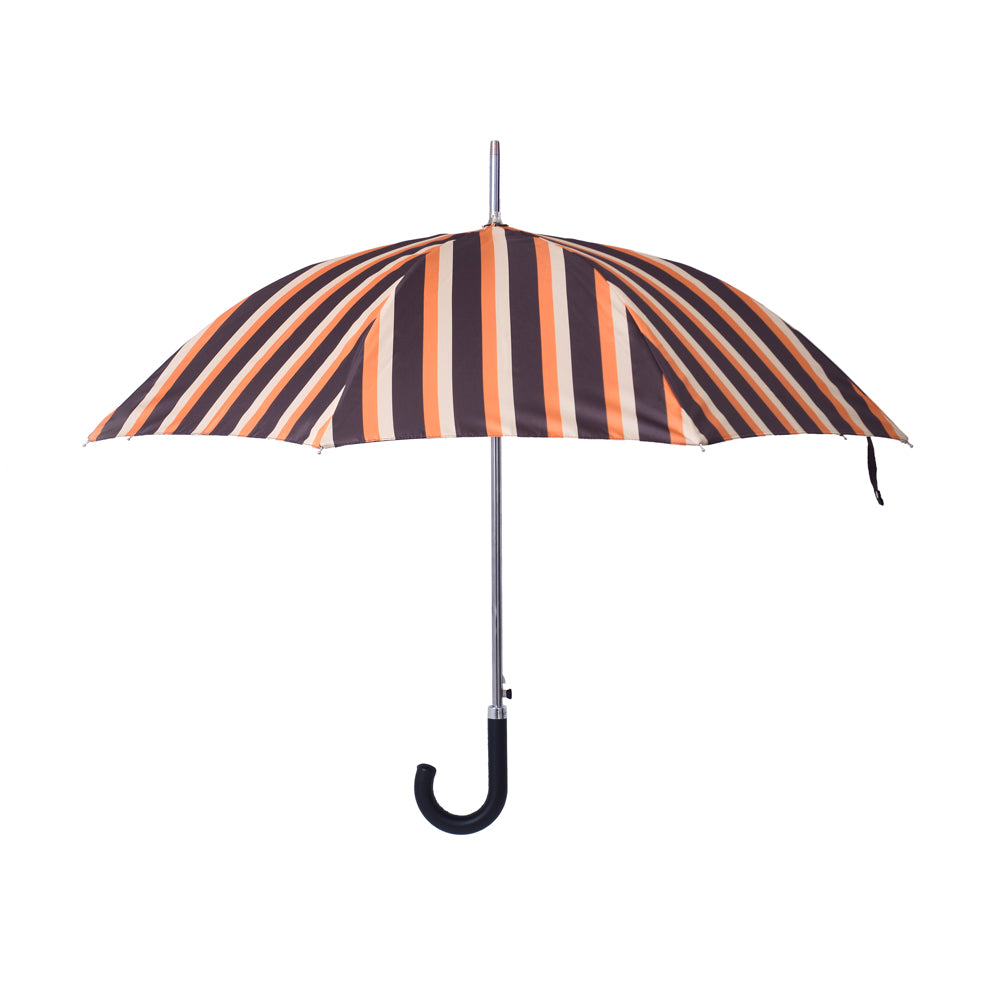 Alistair umbrella comes with black leather cup handel. A premium umbrella with pattern in brown, beige and orange. Double layer canopy extends the life of the umbrella and fiberglass ribs and sturdy frames makes the umbrella wind and gust-resistant. No matter the forecast, the Alistair umbrella is your wingman. | Harry Rain