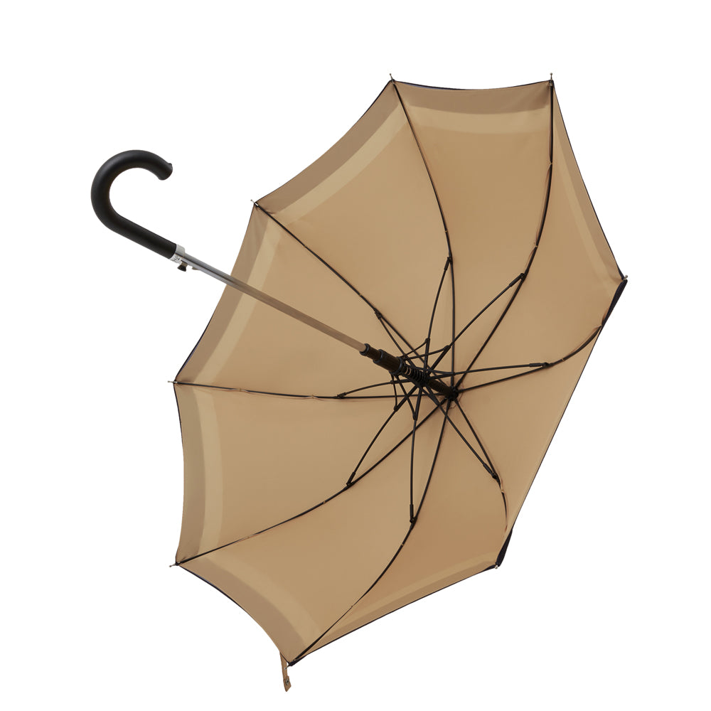 Diana umbrella comes with black leather cup handel. A elegant, premium umbrella with pattern in beige, white and black. Double layer canopy extends the life of the umbrella and fiberglass ribs and sturdy frames makes the umbrella wind resistant. No matter the forecast, the Diana umbrella is your stylish companion. | Harry Rain