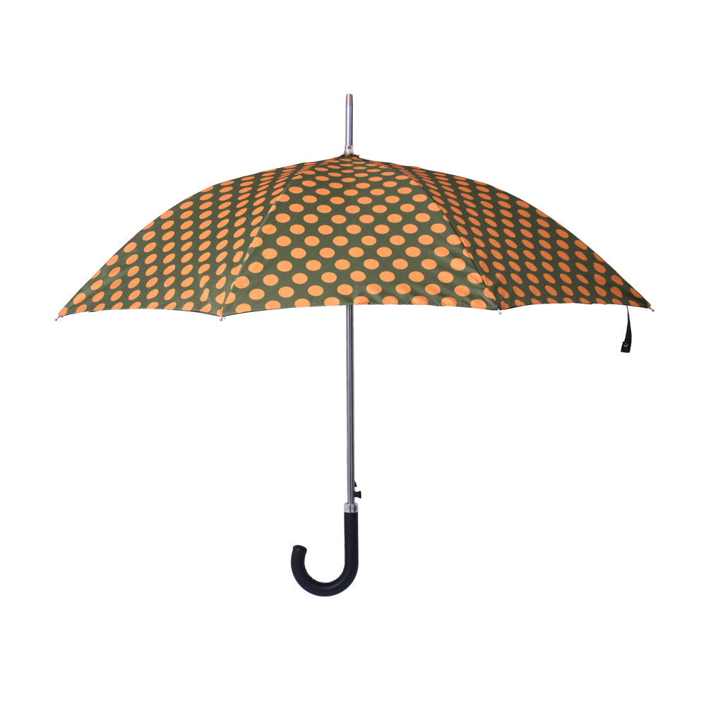 The Francis umbrella. Stylish, premium umbrella with smashing pattern in forrest green, orange and black leather handel. Double layer canopy, fiberglass ribs and sturdy frames makes our umbrellas wind and gust-resistant. | Harry Rain