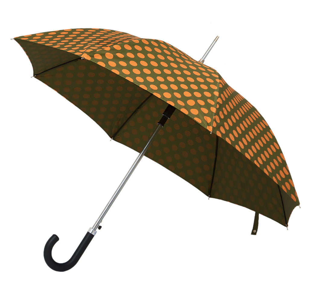 The Francis umbrella. Stylish, premium umbrella with smashing pattern in forrest green, orange and black leather handel. Double layer canopy, fiberglass ribs and sturdy frames makes our umbrellas wind and gust-resistant. | Harry Rain